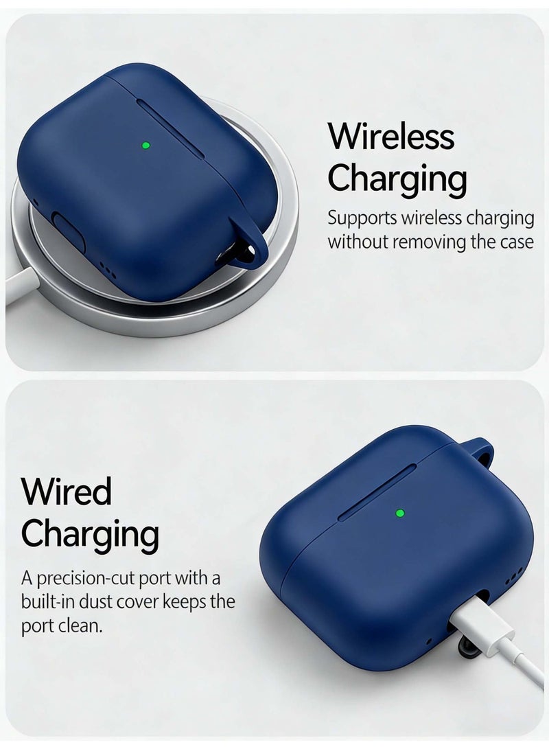 اوراکس AirPods Pro 3 غطاء الحالة مع سلسلة المفاتيح ومجموعة التنظيف ، إكسسوارات سماعات الرأس ، مادة السيليكون ، السيليكون الناعم الوقائي الكامل ، مناسب للنساء والرجال (أزرق داكن) - Image 5